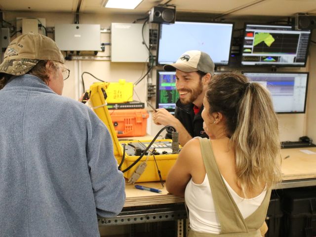 Talking to our seafloor instruments from deep in the bowels of Research Vessel Roger Revelle.