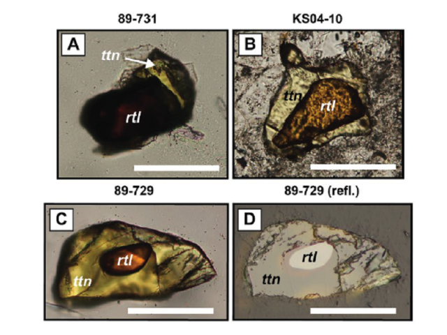 Examples of rutile (rtl) rimmed by titanite (ttn) from lower crustal xenoliths from Tanzania.